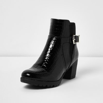 Girls black patent croc buckle boots